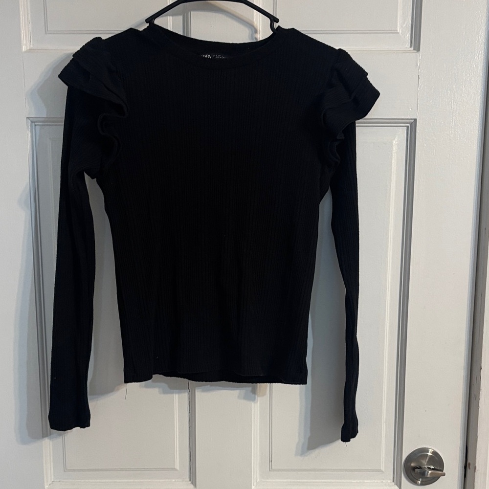 Zara Black Ribbed Long-Sleeve Top with Ruffle Shoulders